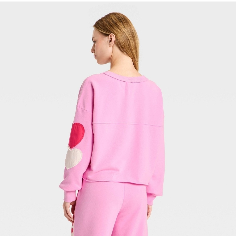JoyLab Women's Valentine's Day Patchwork Crewneck Sweatshirt - Pink - Picture 2 of 3